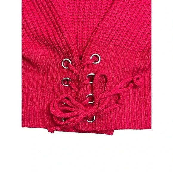 LF Seek the Label Chunky Knit Sweater Red Medium Tie Front Corset Boat Neck Rib - Picture 3 of 6